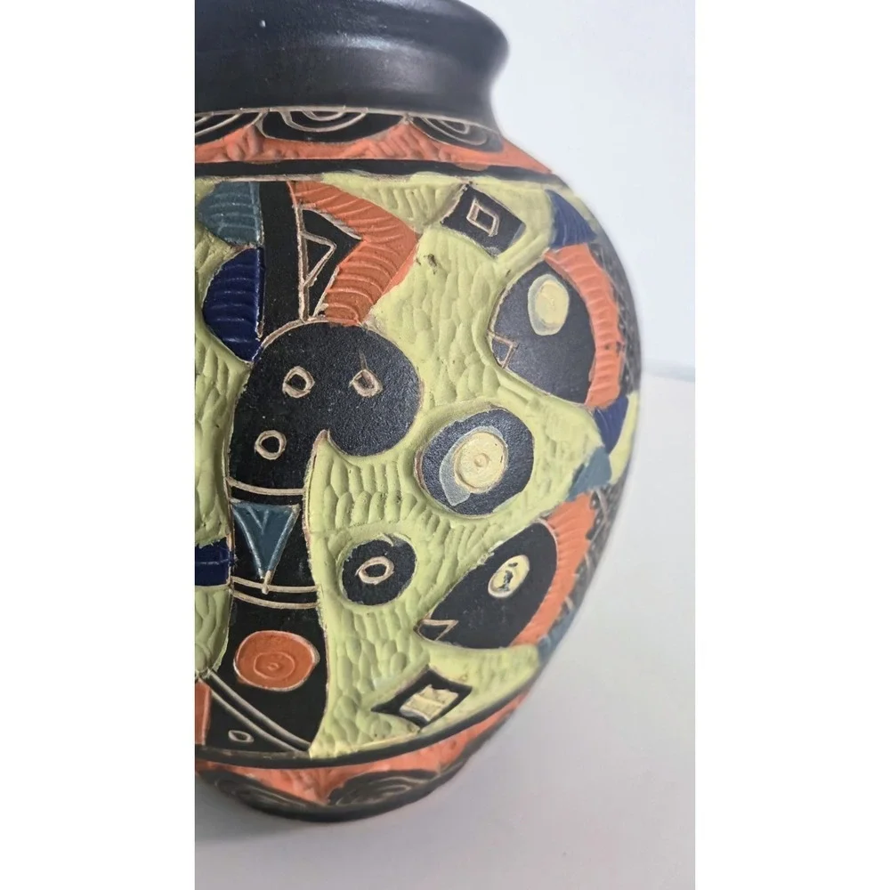 Vintage Okinawa Japan‎ Pottery Vase Hand Carved Double Sided RARE Multicolored